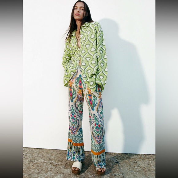 ZARA Boho Printed Flared Wide Leg High Waisted Trousers Pants NWT RRP$109 - Picture 6 of 16